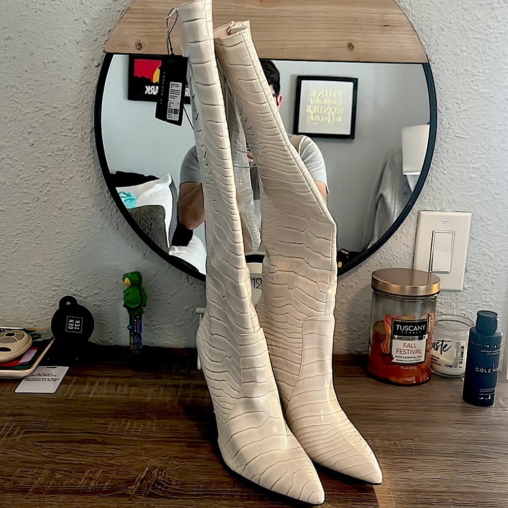 White thigh high boots